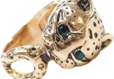 18k Gold Jaguar / Panther Ring with Faux Emeralds