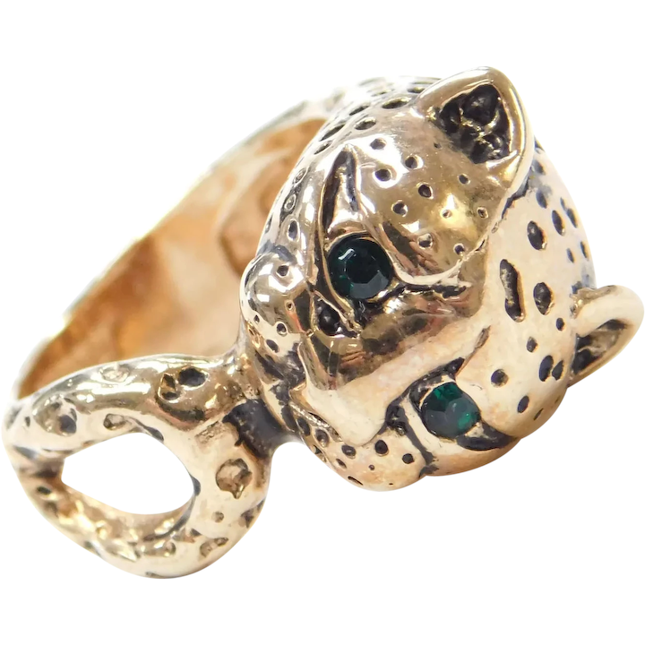 18k Gold Jaguar / Panther Ring with Faux Emeralds