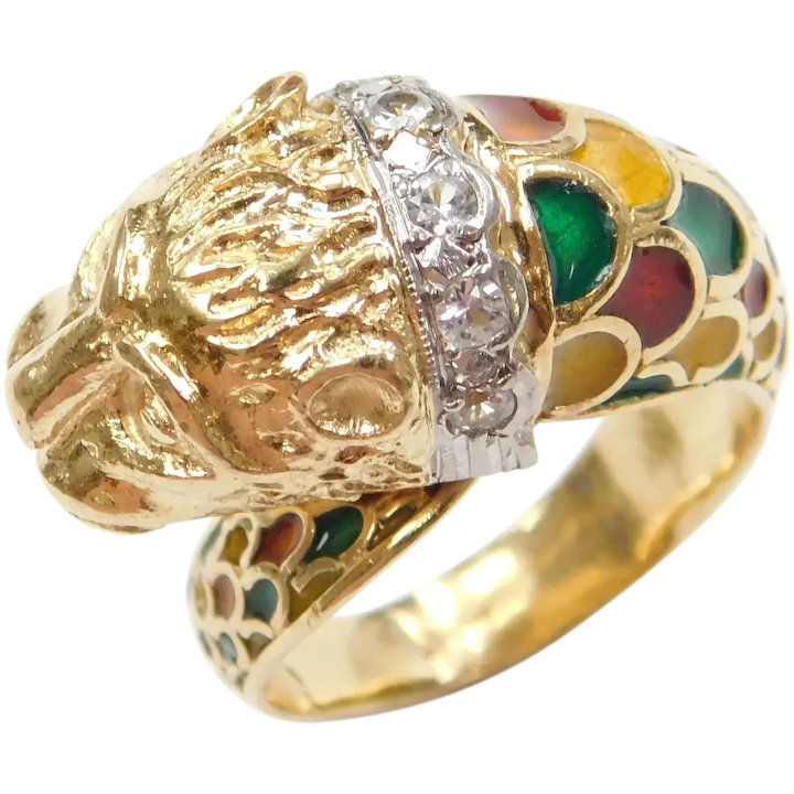 Vintage 18k Gold Enamel Lion Bypass Ring
