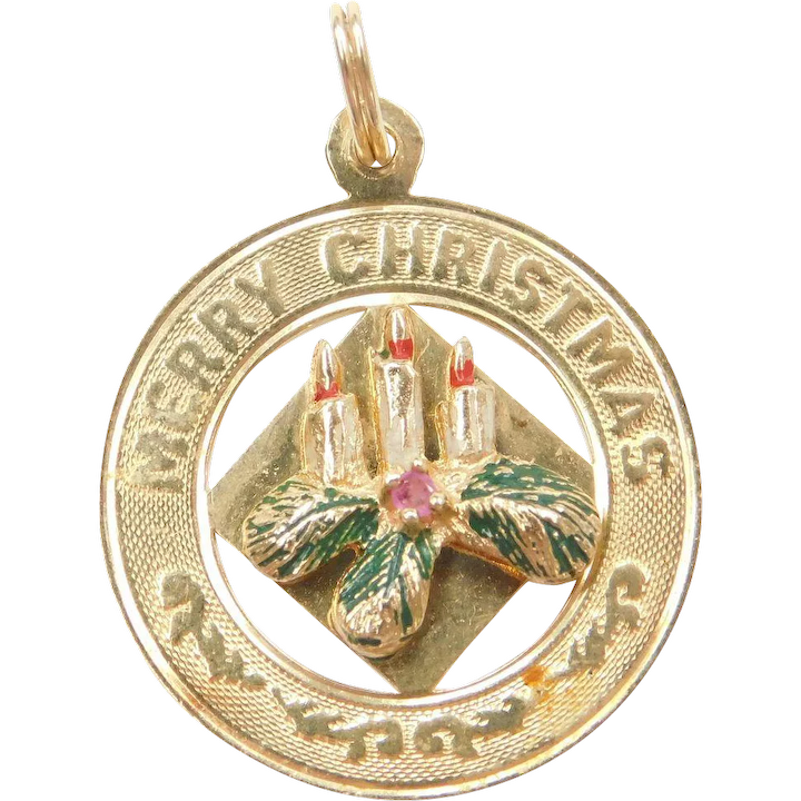 1960’s 14k Gold Merry Christmas Charm with Enamel and Ruby Detail