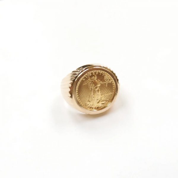 1987 1/10 Oz Fine Gold $5 Dollar American Gold Eagle Coin Ring Fine 24k Gold and 14k Gold side view