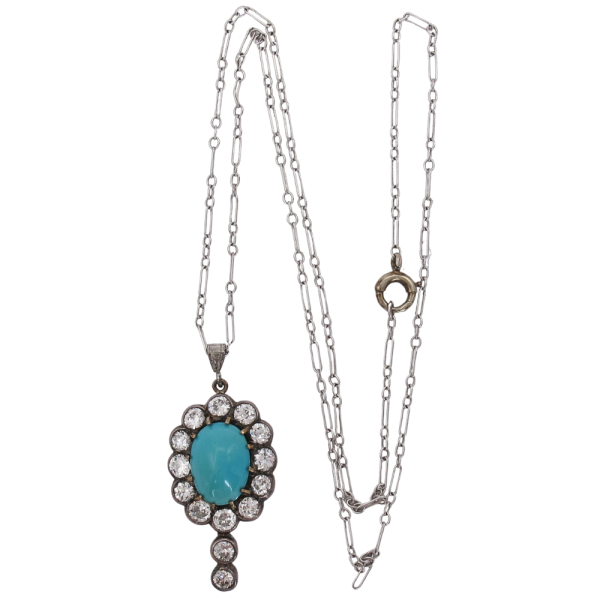2.10ctw Persian Turquoise Diamond Halo Edwardian Necklace 14K Gold with Sterling Silver with chain