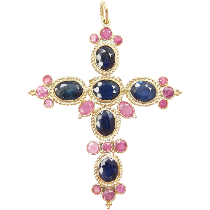 2.88 ctw Natural Sapphire and Ruby Ornate Cross Pendant 18k Gold