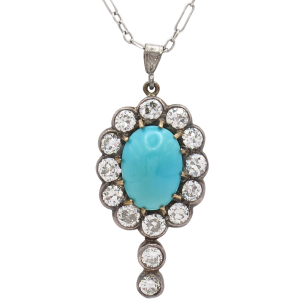 2.10ctw Persian Turquoise Diamond Halo Edwardian Necklace 14K Gold with Sterling Silver Front