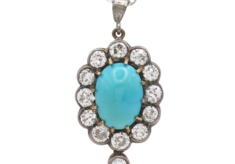 2.10ctw Persian Turquoise Diamond Halo Edwardian Necklace 14K Gold with Sterling Silver Front
