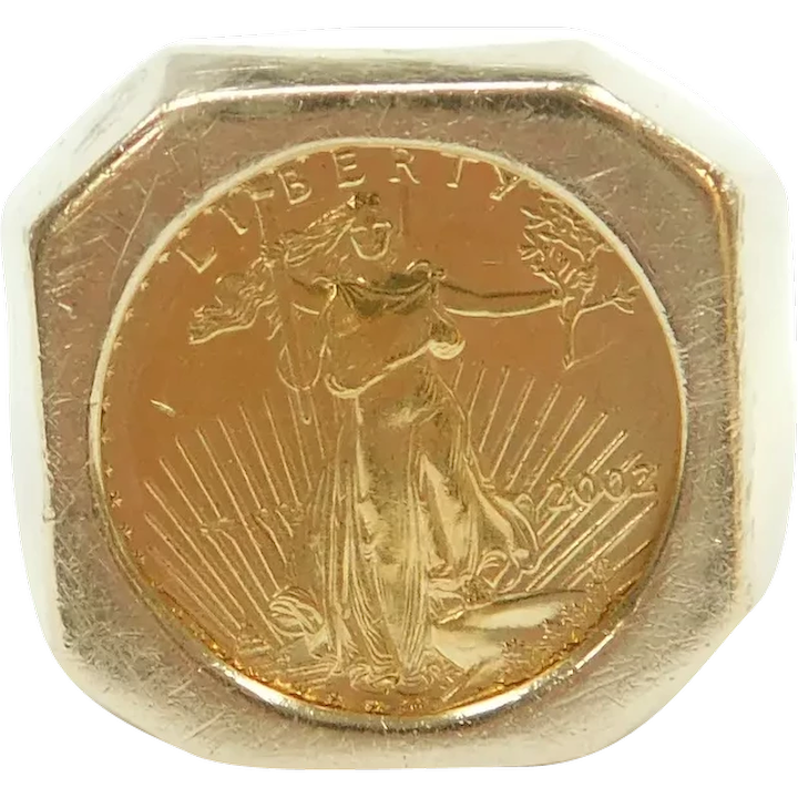 2002 $5 22k American Eagle Coin in Geometric Bezel Ring 14k Gold