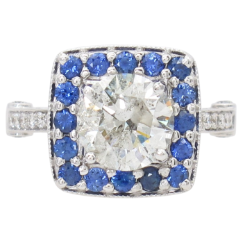 3.56ctw Diamond & Sapphire Halo Engagement Ring 14K White Gold