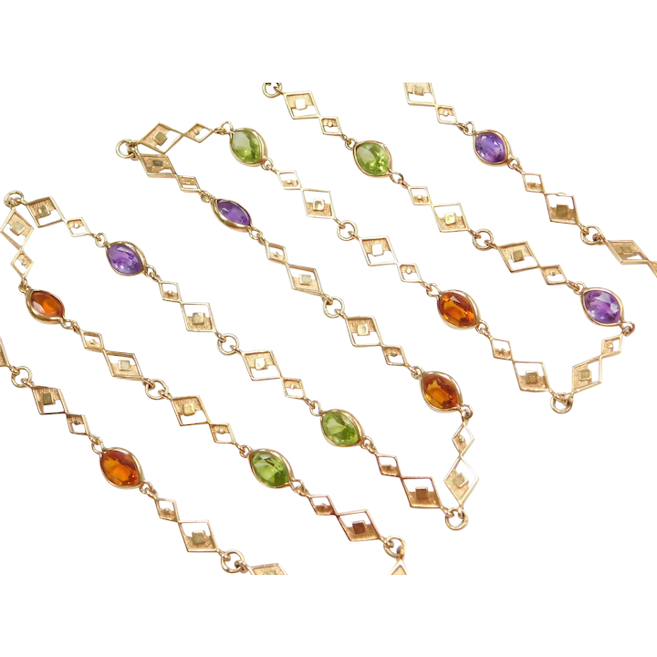 30 3/4″ LONG Colorful Gemstone 17.90 ctw Necklace with Geometric Design 14k Gold ~ Citrine, Peridot, Amethyst