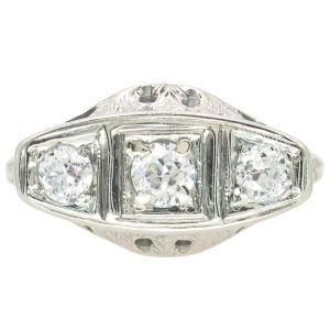 .31ctw Three-Stone Diamond Filigree Art Deco Ring 18K White Gold