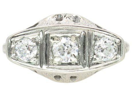 .31ctw Three-Stone Diamond Filigree Art Deco Ring 18K White Gold