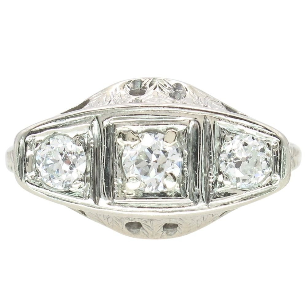 .31ctw Three-Stone Diamond Filigree Art Deco Ring 18K