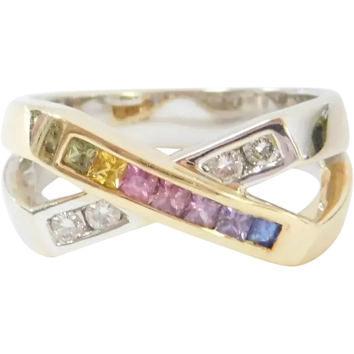 Colorful Rainbow Sapphire and Diamond X Ring