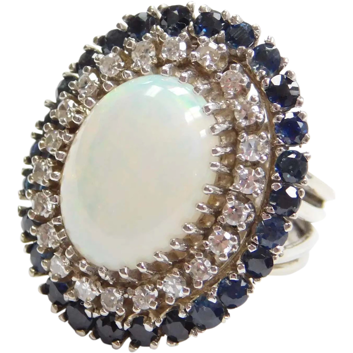 6.01 ctw Opal, Diamond and Sapphire Double Halo Ring 14k White Gold