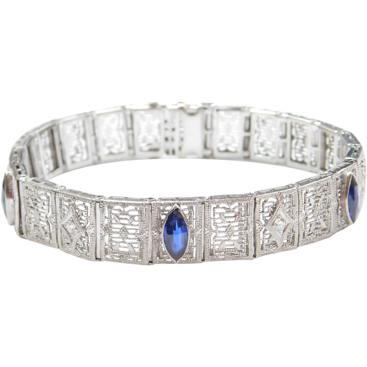 Art Deco Filigree Panel Bracelet – 1.86 ctw Created Sapphires and Diamond