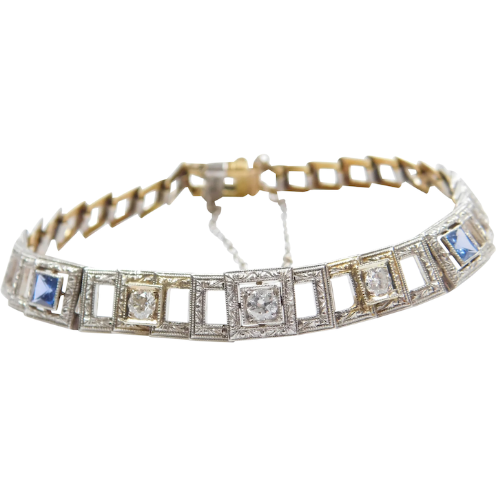 6 5/8″ Art Deco Platinum and 14k Yellow Gold 1.00 ctw Diamond and Sapphire Bracelet