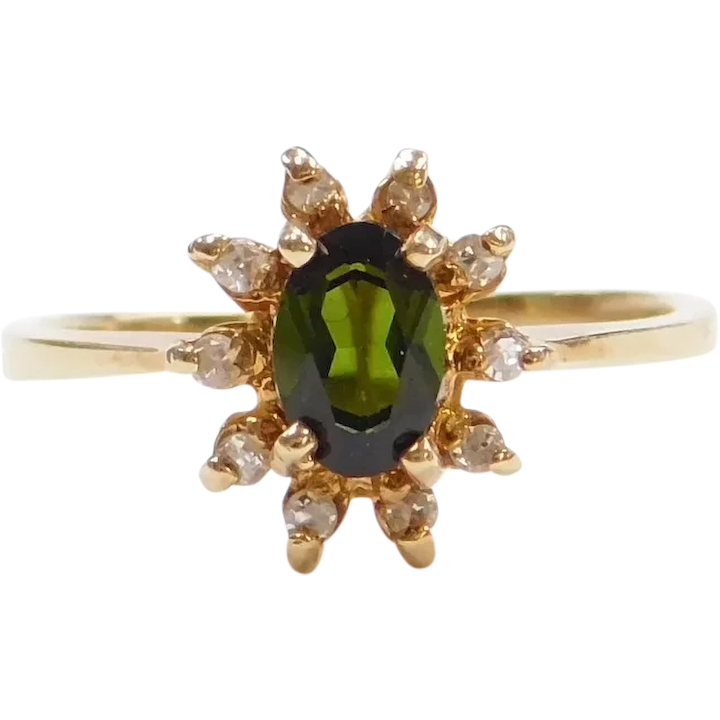 Gold Green Tourmaline and Diamond Halo Ring
