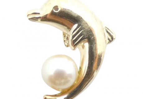 6mm Cultured Pearl Dolphin Pendant/Charm 10K Yellow Gold