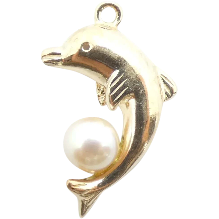 6mm Cultured Pearl Dolphin Pendant/Charm 10K Yellow Gold