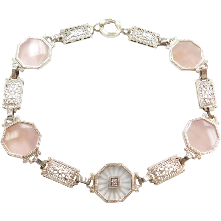 Art Deco Rose Quartz Camphor Glass and Diamond Filigree Bracelet 14k White Gold