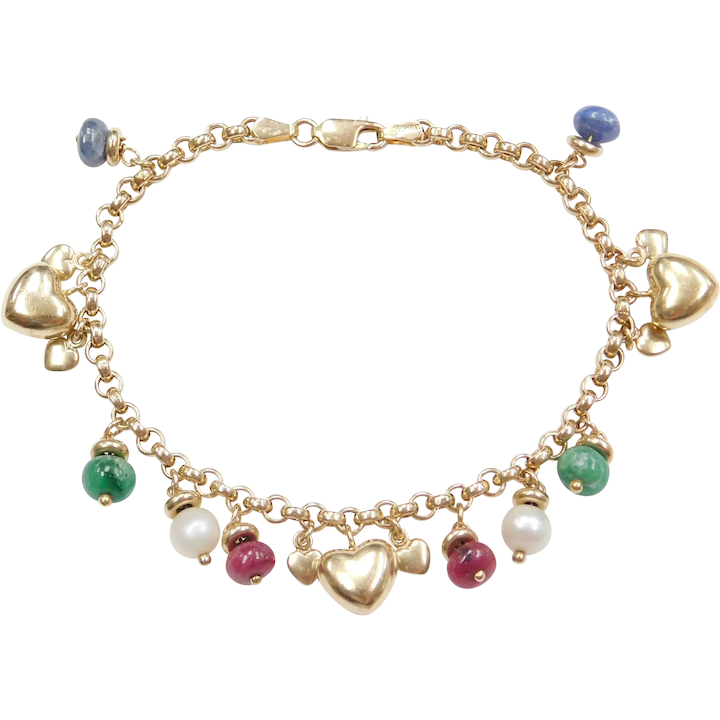Emerald, Sapphire, Ruby and Pearl Bead, Heart Charm Bracelet