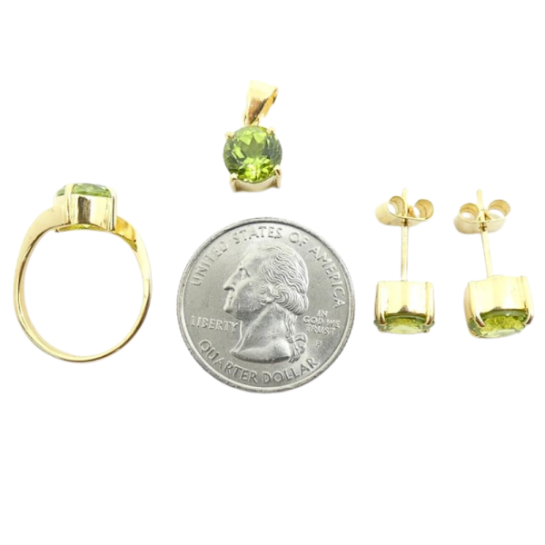 8ctw Peridot Earrings, Ring, & Pendant Set 18k Scale