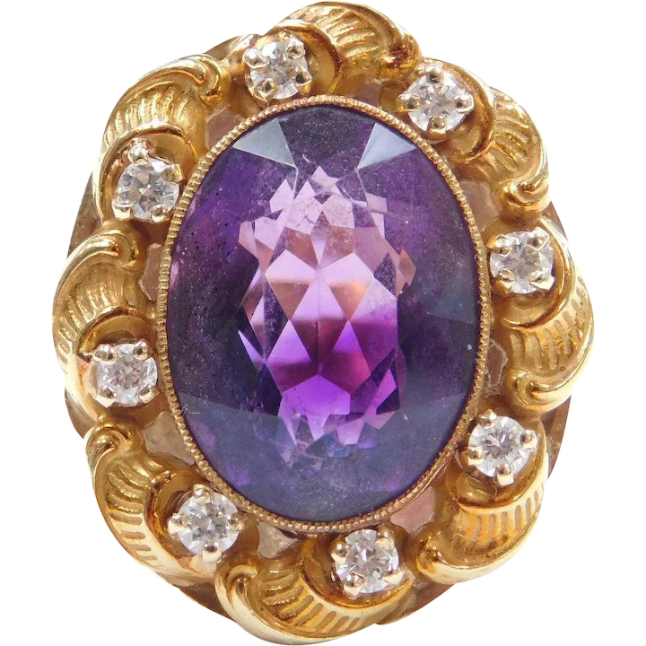 9.70 ctw Amethyst and Diamond Art Nouveau Halo Ring 14k Gold