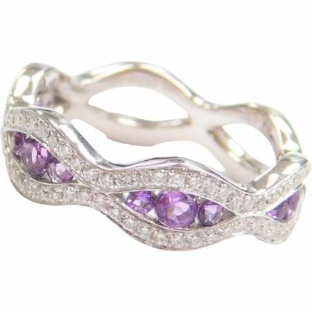 .98 ctw Amethyst and Diamond Stacking Ring / Wedding Band 14k White Gold