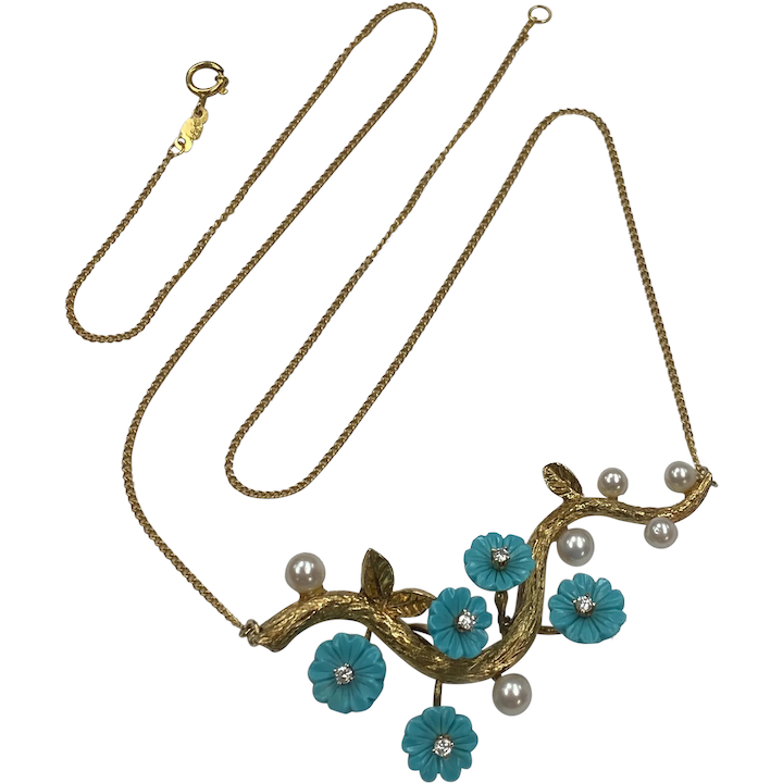 Aesthetic Floral Branch Necklace 18K Gold, Turquoise, Diamond & Cultured Pearl