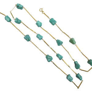 Alternating Turquoise Bead & Bar Link Necklace 18k Yellow Gold worn (2)