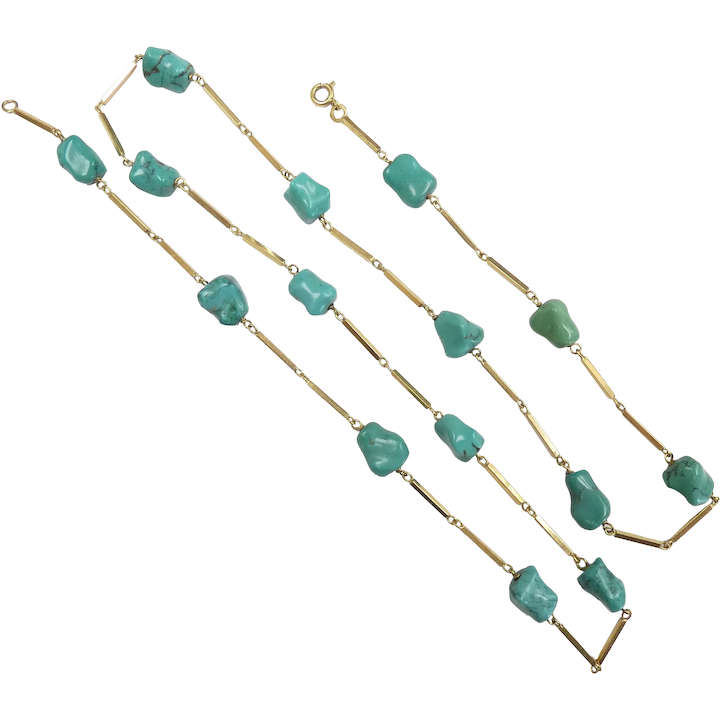 Alternating Turquoise Bead and Straight Bar Link Necklace 27 1/2″ 18k Yellow Gold