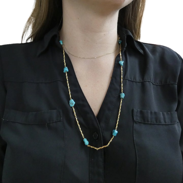 Alternating Turquoise Bead & Twisted Bar Link Necklace 26 18k Yellow Gold worn