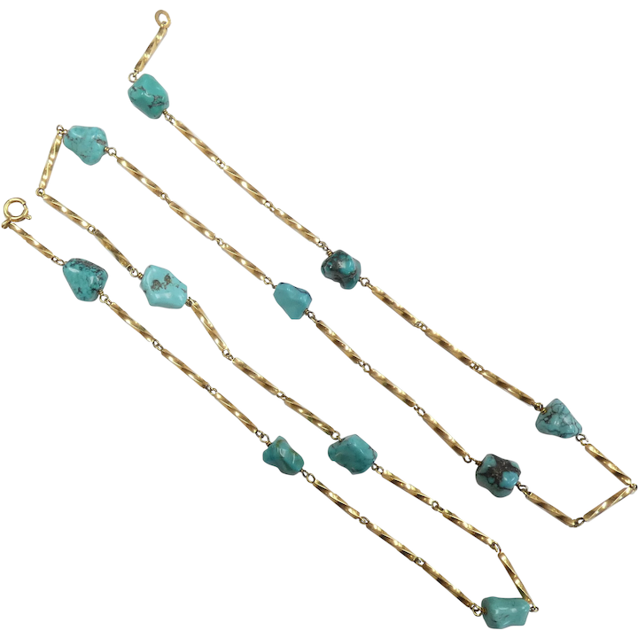 Alternating Turquoise Bead and Twisted Bar Link Necklace 26″ 18k Yellow Gold