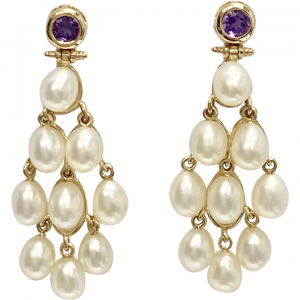 Amethyst & Cultured Pearl Chandelier Dangle Earrings 14K Gold