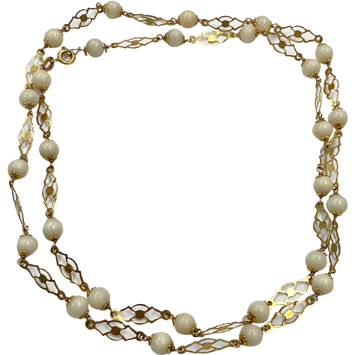 Angel Skin Coral Bead Station Necklace 18K Gold, 28 inch length
