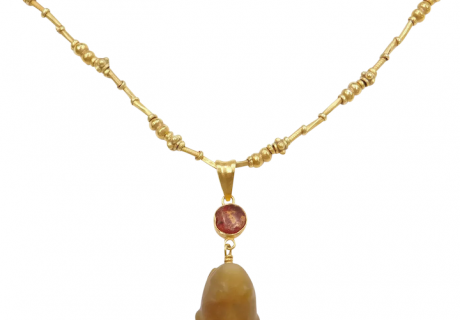 Antique Handmade Pre-Columbian Carved Quartz Frog Necklace 22k Gold