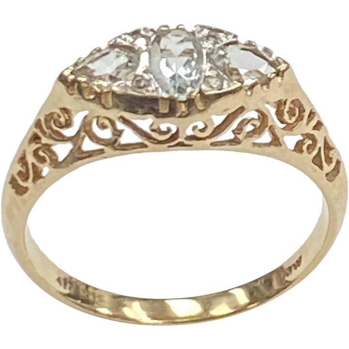 Aquamarine & Diamond Vintage Filigree Ring Handcrafted 10K Gold