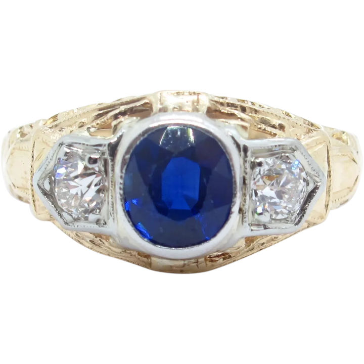 1.11 ctw Art Deco Sapphire & Old European Diamond Ring