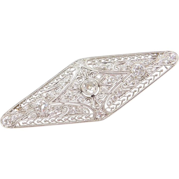 1.74 ctw Art Deco Diamond Filigree Brooch Platinum