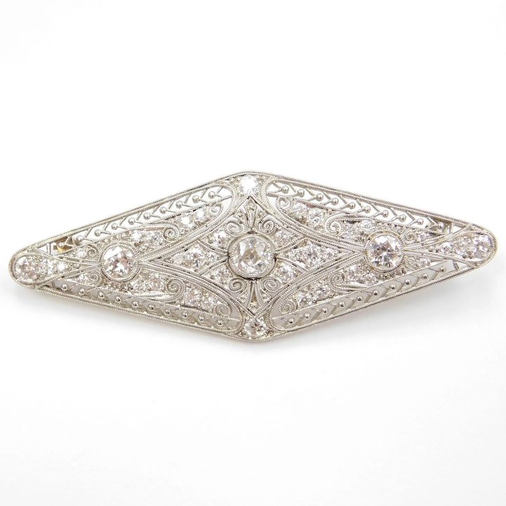 Platinum Art Deco Diamond Filigree & Milgrain Brooch Pin .75ct Old