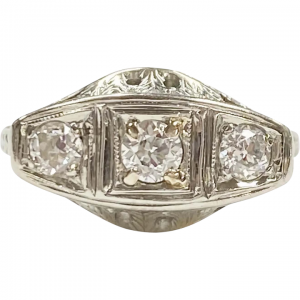 3 Diamond Art Deco Filigree Ring 18K White Gold