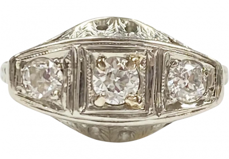 3 Diamond Art Deco Filigree Ring 18K White Gold