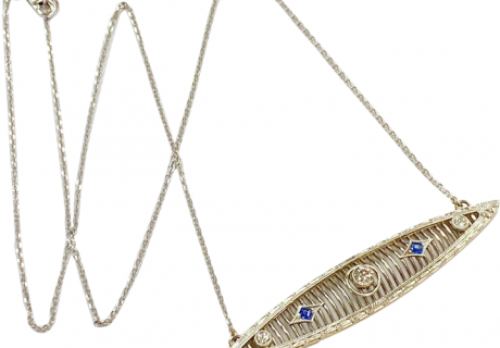Art Deco Bar Pin Necklace Diamond & Sapphire .43 Carat tgw 14K White Gold