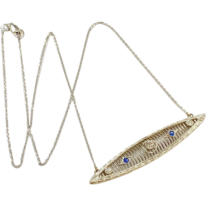 Art Deco Bar Pin Necklace Diamond & Sapphire .43 Carat tgw 14K White Gold