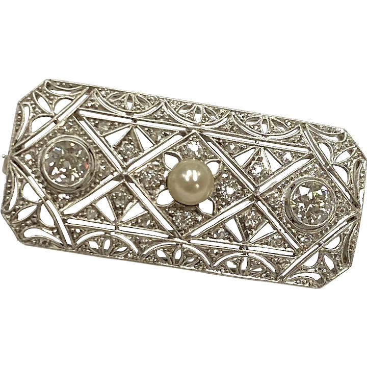 Art Deco Brooch Diamond 1.22 ctw, Cultured Pearl