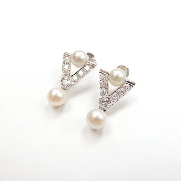 Art Deco Cultured Pearl and Diamond 1.30 ctw Geometric Triangle Earrings 14k White Gold side view