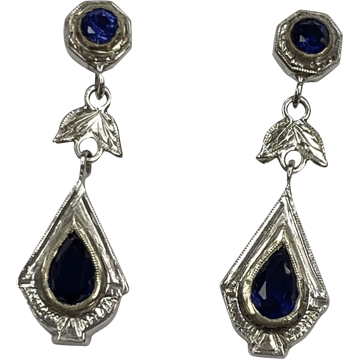 Art Deco Dangle Earrings Sapphire 1.96 Carat tw 18K White Gold