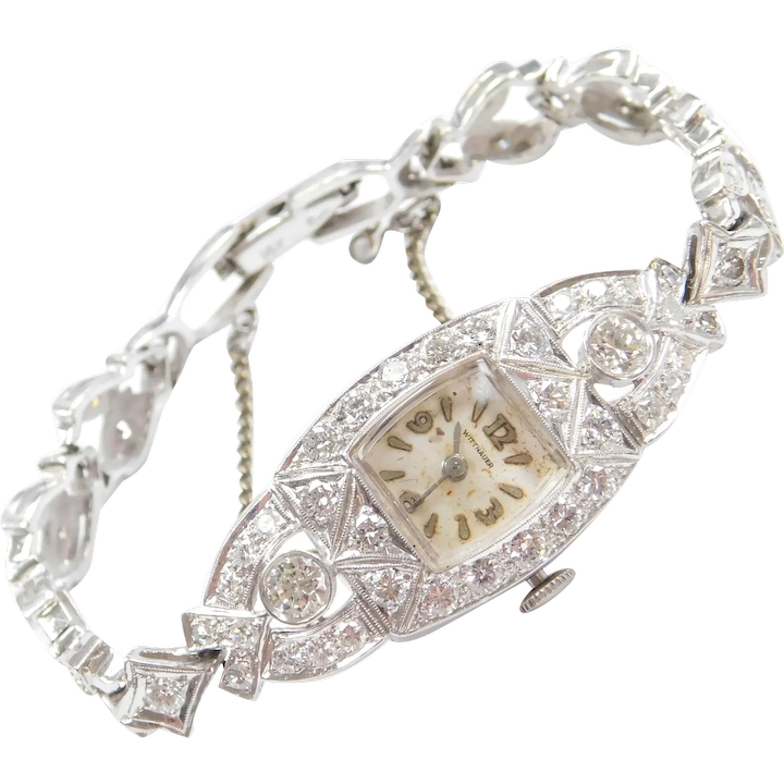Art Deco Diamond 2.15 ctw Ladies Wrist Watch 14k White Gold and Platinum