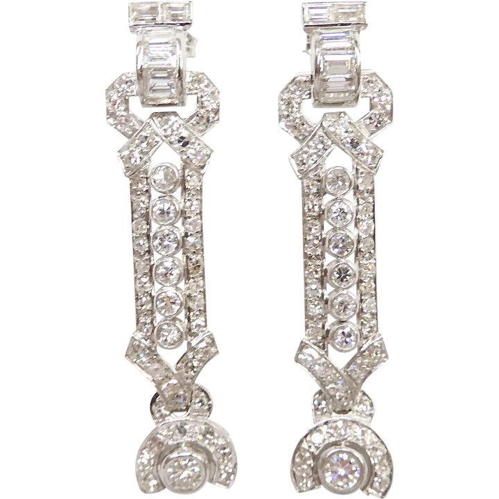 Art Deco Diamond 3.25 ctw Dangle Earrings Platinum