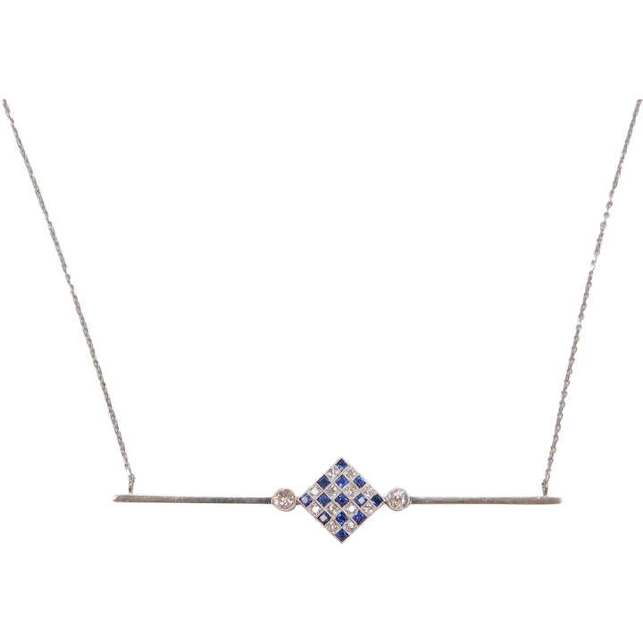 Art Deco Diamond & Sapphire Bar Pin Conversion Necklace 1.45 ctw Platinum & 14K Gold