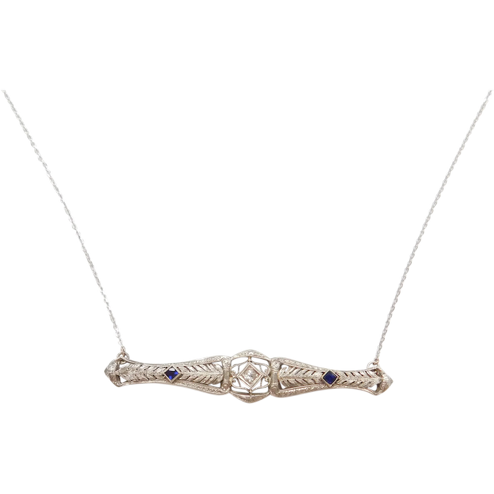 Art Deco Diamond & Sapphire Bar Pin Necklace Conversion 14k White Gold